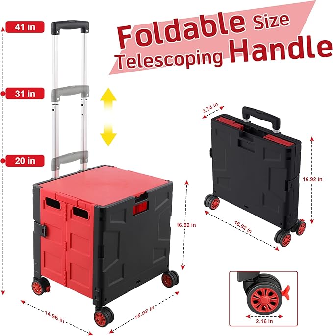 FELICON Folding Utility Cart Portable Rolling Crate Handcart with Durable Heavy Duty Plastic Telescoping Handle Collapsible Hidden Lid 4 Rotate Wheels for Travel Shop Move Office Teacher(Red&Black)