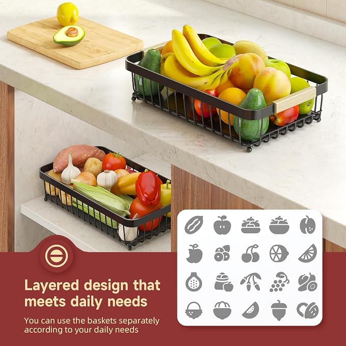 Sevenblue 3-Tier Fruit Basket with Banana Hangers, Detachable Metal Bowl | Wooden handle, protective mats included. Versatile holder for bread, snacks, and veggies. Large 3 tier metal design.