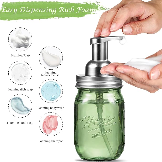Amolliar Green Glass Mason Jar Foaming Soap Dispenser, 16OZ Hand Soap Dispenser, Plastic Pump & Stainless Steel Lid & Lable, Kitchen Dish Soap Bathroom Accessories Set, Soap Pump Bottle, Silver 2 Pack