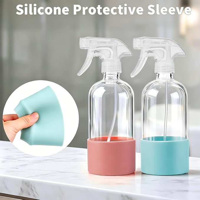 Glass Spray Bottles (2-Pack) with Silicone Sleeve - 16oz Empty Refillable Bottles - Adjustable Nozzle for Hair, Plants, Cleaning & DIY Solutions - Blue & Grey (pink+Green)