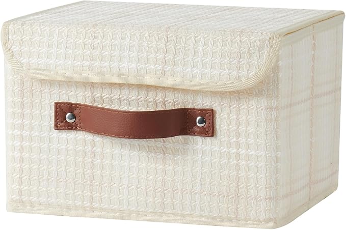 Storage Boxes with Lid 3D Textured Fabric Storage Bins Organizer Containers Decorative Collapsible Washable Shelf Baskets Faux Leather Handles for Home Bedroom Closet (Beige, Small Size)