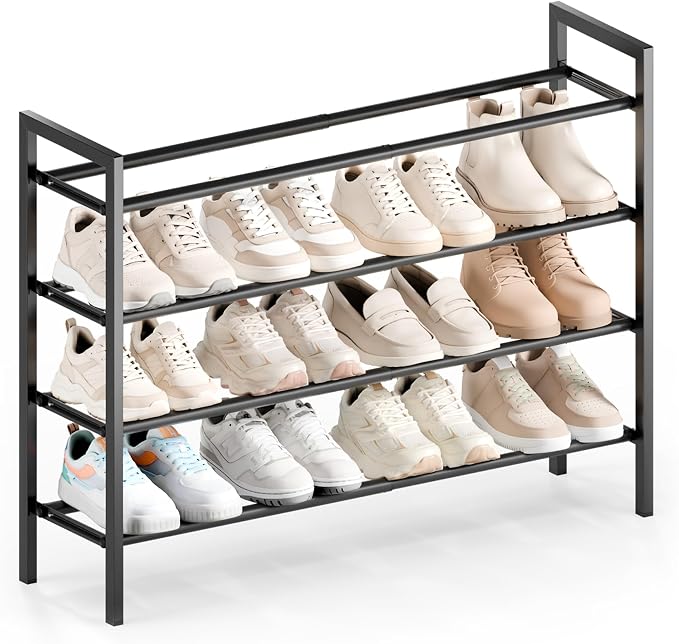Bumusty 4-Tier Expandable Shoe Rack for Closet, 18“-33” Adjustable Shoe Rack for Small Space, Small Shoe Organizer for Front Door, Sturdy Metal, Black