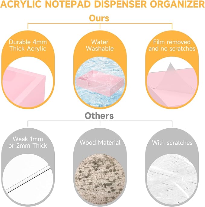 Acrylic Notepad Dispenser Organizer - 4 x 6 in Pink Sticky Note Holder W/O Pads Memo Holder for Dorm Room School Classroom Office Desk Organizer Aesthetic Supplies