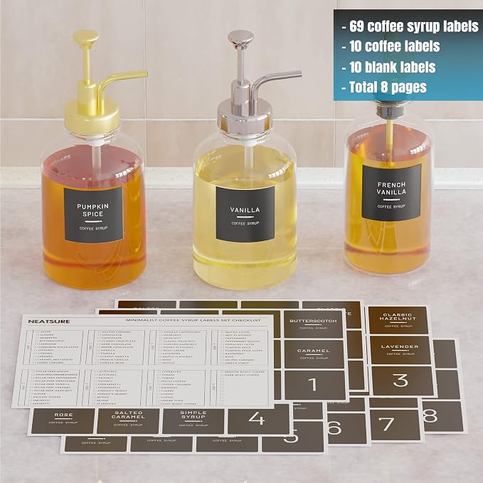 Neatsure 89 Coffee Syrup Labels for Coffee Bar Accessories, Minimalist Preprinted Coffee Stickers for Coffee Station, Essentials for Syrup Bottle & Dispenser Organization