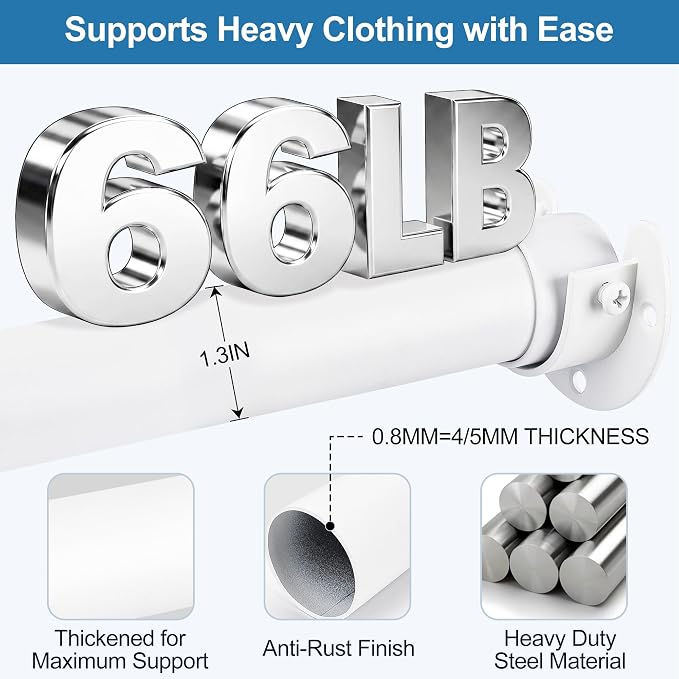 Adjustable Closet Rod for Hanging Clothes, 17-39inch Heavy Duty Metal tension clothes rod，1.3Inches Closet Pole with Hardware Kit for Closet Organization Laundry Room RV, White