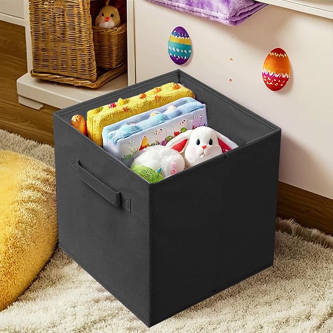 PowerKing Collapsible Storage Cubes, Farbic Storage Bins, Black, 2 Pack | Sturdy, Lightweight, Easy Pull Handle, Closet & Shelf Organizer, Clothes and Toys Storage, 10.5'' x 11'' x 10.5''