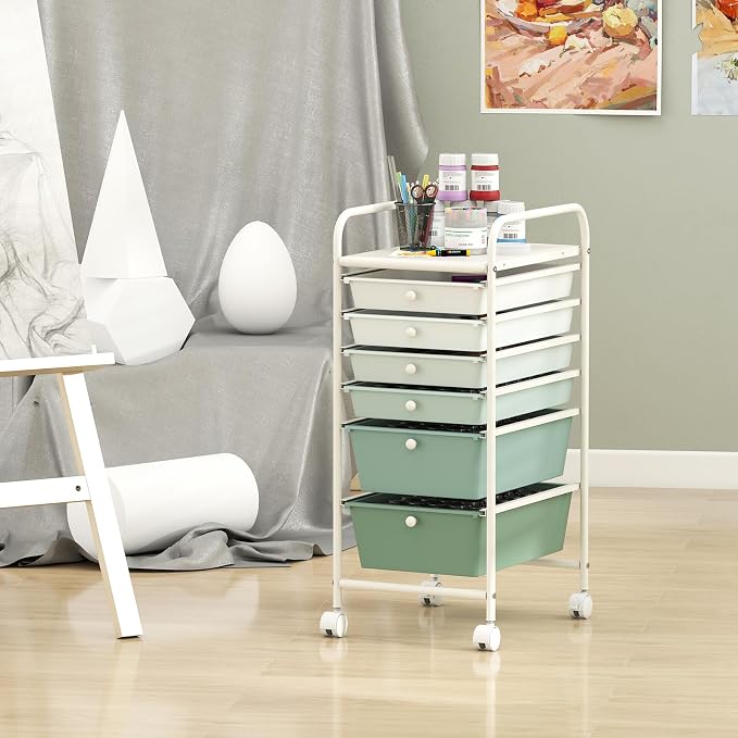 Giantex 6 Storage Drawer Cart Rolling Organizer Cart for Tools Scrapbook Paper Home Office School Multipurpose Mobile Utility Cart, Green Gradient