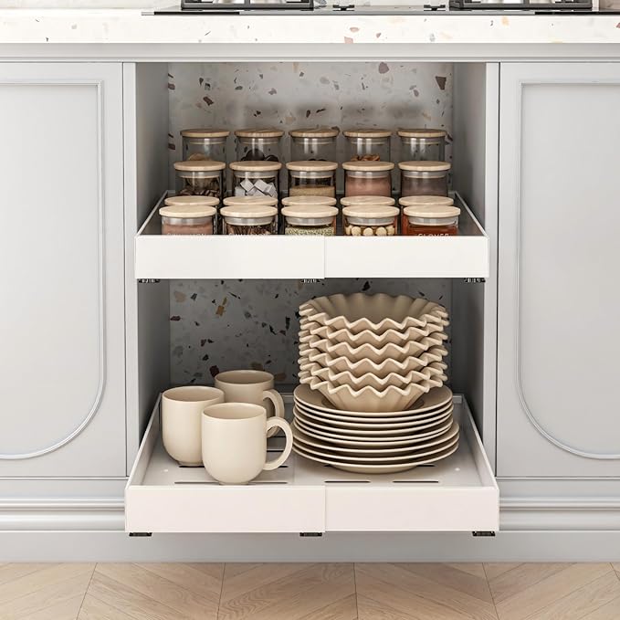 THMINS 2 Pack Expandable Pull Out Cabinet Organizer, 21" Deep Expandable (12.6" - 20.5") 3 Heavy Duty Slide Drawers Pull Out Drawers for Kitchen Storage Cabinet (White)