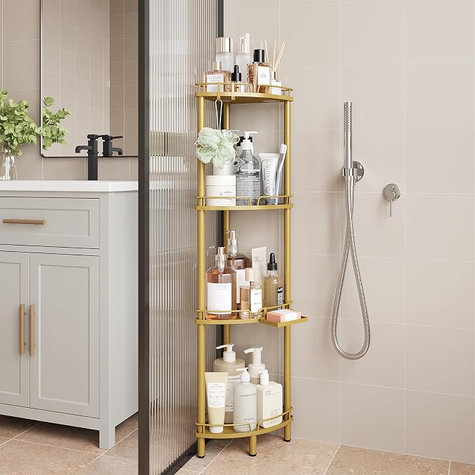 ELYKEN Corner Shower Caddy Standing, 4 Tier Rustproof Metal Shower Organizer with Soap Holder, Floor Shower Corner Shelf Rack Storage Stands with Adjustable Feet & 2 Hooks for Bathroom, Gold