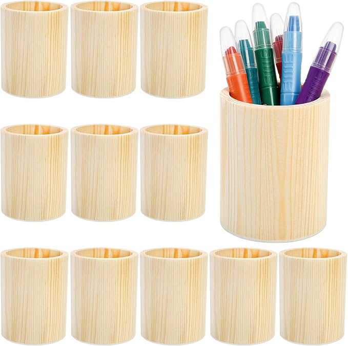 Yopay 12 Pack Wood Pen Holder, 4 Inch Round Pencil Holder, Unfinished Wooden Vase, Desk Organizer Cups for Makeup Brush, Homemade DIY Crafts, Home School Office Supplies, Wedding Centerpieces Decor