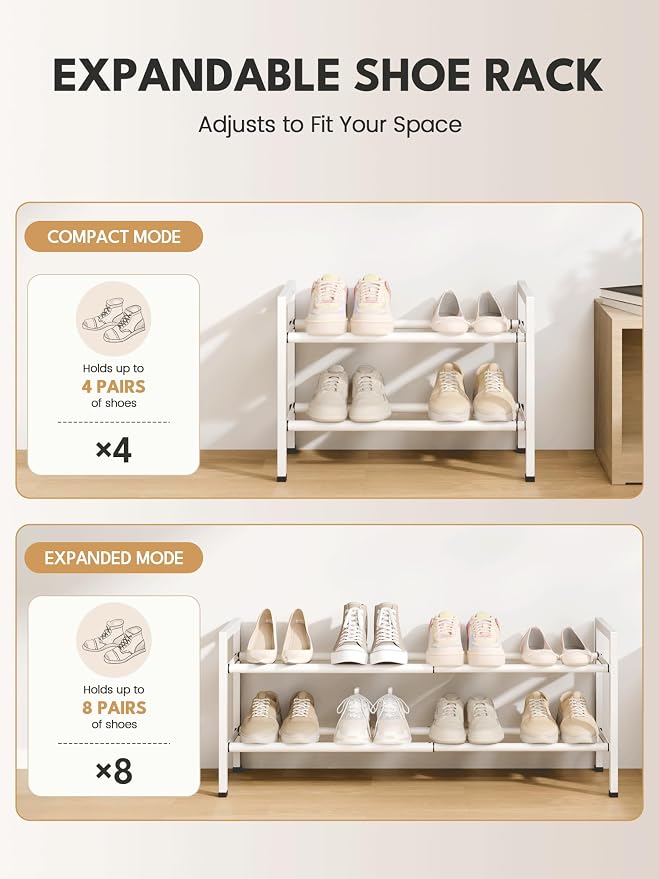 Bumusty 2-Tier Expandable Shoe Rack for Closet, 18“-33” Adjustable Shoe Rack for Small Space, Small Shoe Organizer for Front Door, Sturdy Metal, White
