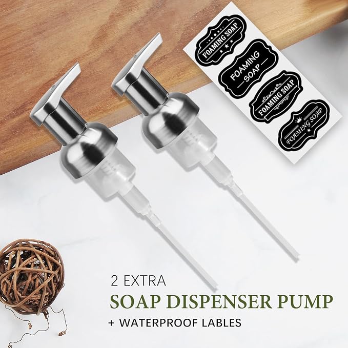 Amolliar Plastic Mason Jar Foaming Soap Dispenser with Pump Lid,16OZ Refillable Hand Soap Dispenser Set with Cute Lables - Farmhouse Decor for Kitchen/Bathroom, Lotion Dish Soap (2 Pack, Silver)