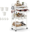 3 Tier Rolling Cart with 2 Drawers, Metal Utility Storage Carts with Wheels | Kitchen Rolling Cart 4.5" Deep Basket, Mesh Side Panel with 3 Cups, 4 Hooks for Office, Bedside, Craft Storage Cart