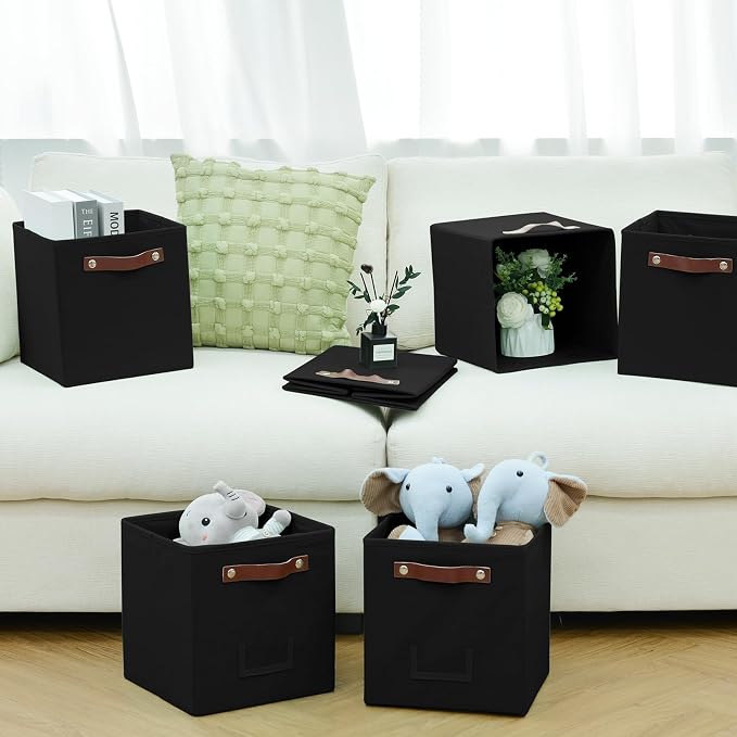 FinishingBo 10.5" x 11" Storage Bins with Labels 6 Pack | PU Leather Handles, Foldable Storage Cubes, Storage Baskets, Closet Storage, Black