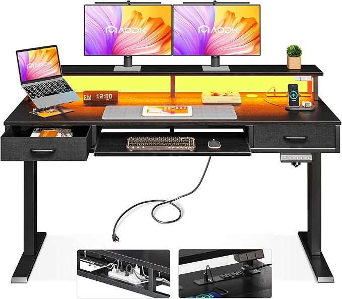 AODK 55 Inch Electric Standing Desk with Drawers & Keyboard Tray, Black | 3 Outlets & 2 USB Ports, 20-Mode LED Lights, Monitor Stand, Cable Management Tray, 3 Memory Heights, 29.9"-46.1" in Range