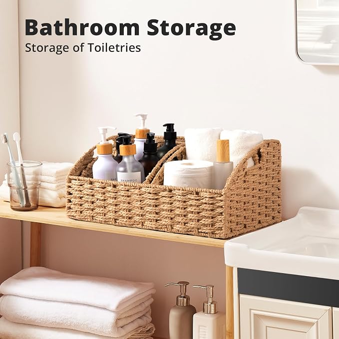 OIAHOMY Pantry Baskets for Organizing, Paper Rope Baskets with Built-in Handles, Wicker Storage Baskets for Shelves, 3 Pack-Yellow