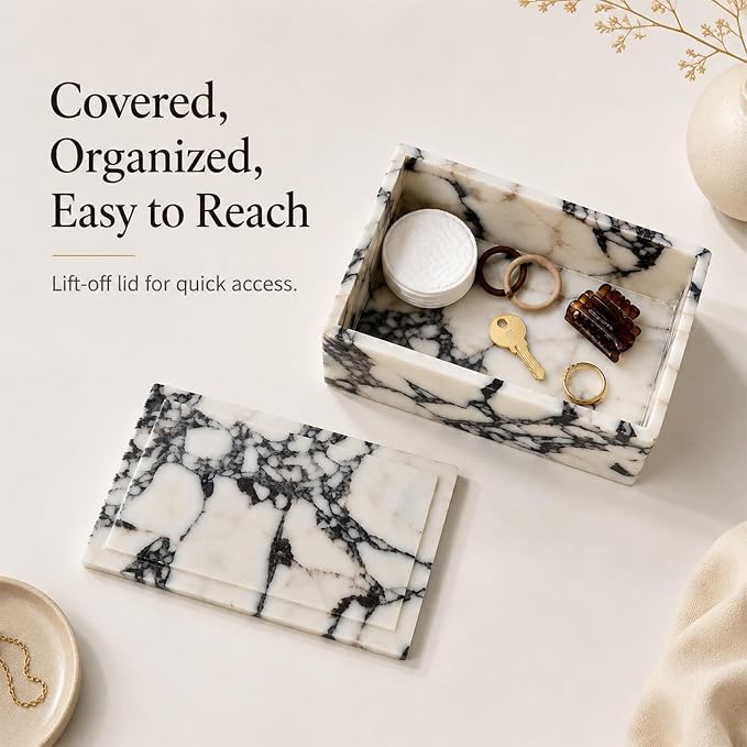 Natural Marble Rectangle Jewelry Box with Lid, 7.87 in | A rectangle marble box for watches, jewelry, slim glasses, hair ties, and dresser-top organization.