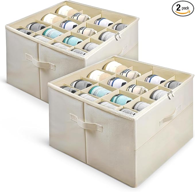 Shoe Organizer for Closet, 16 Compartment Foldable Storage Box with Lids | Milentii 2-Pack Foldable Shoe Organizer with Box Bin, Adjustable Dividers & Clear Cover Closet Storage Fit 16-32 Pairs, White