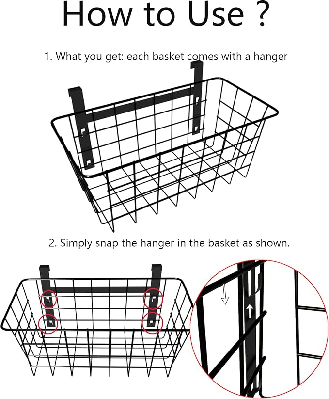 MaraFansie Basket with Hook, Grid Storage Basket, Over the Cabinet Door Organizer, Wire Hanging Basket with Hook Over the Railing, Under Sink Kitchen Cabinet, Pantry, Bathroom, Black, 2 Pack