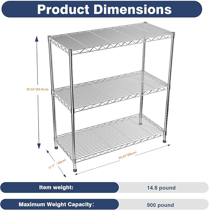 Adjustable 3-Tier Metal Wire Shelves on Wheels,35.4x17.7 x36.5(WxDxH), Heavy Duty Standing Storage Rack with Lockable Wheels, Wire Shelving Unit for Garage, Kitchen, Office, Pantry,Laundry
