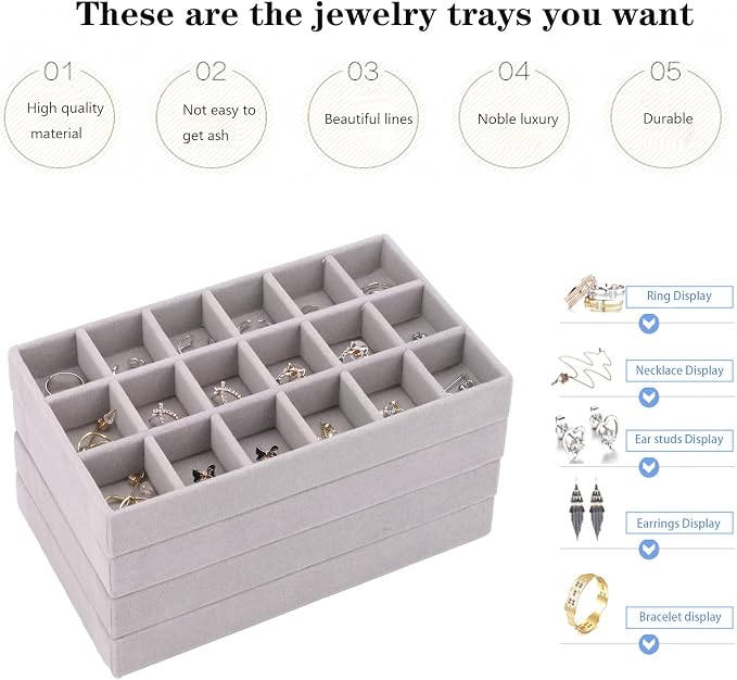 Stackable Jewelry Organizer Trays for Drawer, Set of 4 Velvet Jewelry Drawer Inserts in Dresser, 8in Storage Display Case for Rings Stud Necklaces Accessories(Grey)