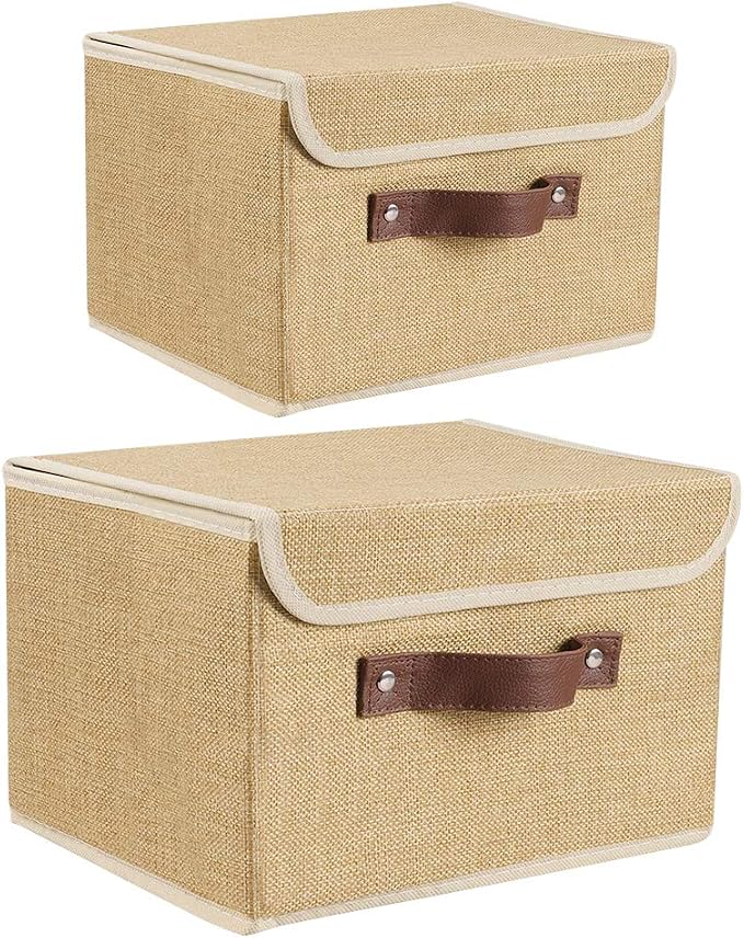 2Pack Storage Bins Boxes with Lids 10" x 8" x 7" Decorative Storage Baskets | Cotton Linen Fabric, Collapsible, Faux Leather Handles, Storage Cubes, Closet Shelf Clothes Organizer Container, Khaki