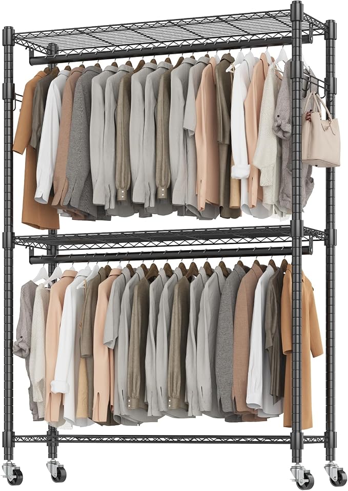 BATHWA Heavy Duty Rolling Clothes Rack with Wheels, 640 lb Hanger Rack & Garment Rack, 25mm Metal Freestanding Portable Closet, 2 Rods + Adjustable Shelves for Hanging Clothes