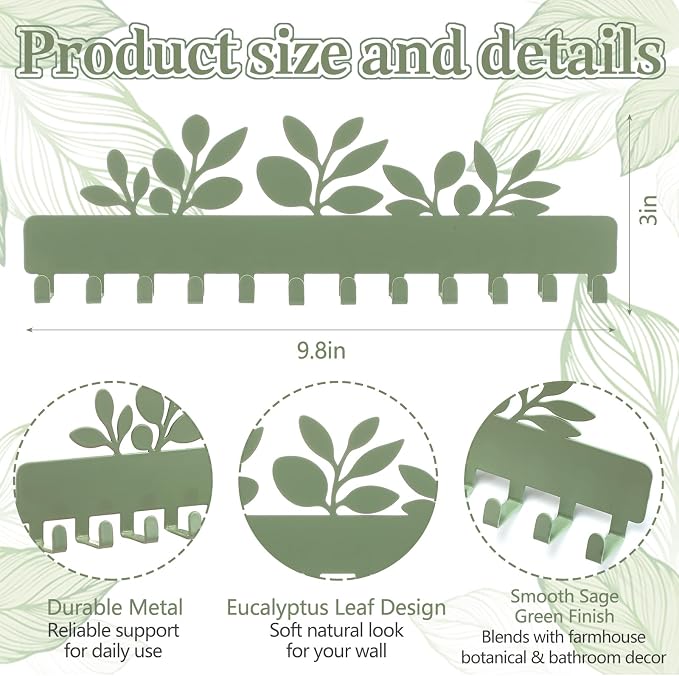 Hicarer 2 Pack Sage Green Eucalyptus Necklace Holder Wall Mount 24 Hooks Adhesive Metal Jewelry Organizer Eucalyptus Decor Bathroom Decor for Earrings Bracelets Rings Keys