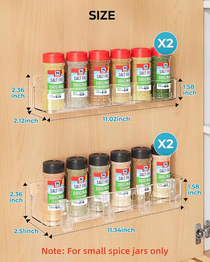 Nieifi Spice Rack Wall Mount, 4 Pack, Clear, 2 Inch Depth, Screw or Adhesive Installation, Spice Rack Organizer for Small Spice Jars, Suitable for Kitchen Cabinet or Pantry Door