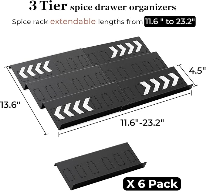 Famhap Spice Drawer Organizer Expandable 6 PCS for 11.6"-23.2" Wide Drawer | Durable Plastic, Slanted Seasoning Drawer Organizer, Use for Kitchen Spices Cosmetics