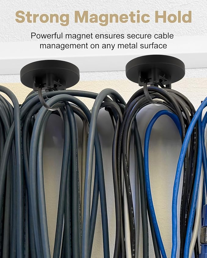 Magnetic Zip Tie Mount Wire Cable Holder | 10 Pcs 43mm Magnetic Cable Zip Tie Base with 50 Pcs Heavy Duty Zip, Multipurpose Wire Clips Management Base, Black