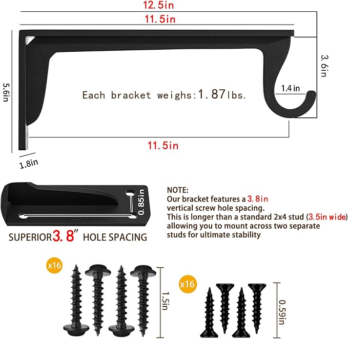 Heavy Duty Closet Rod Support Bracket 400lbs 12x5.6in(4pack Black) | Sturdiness Wall Mounted Shelf Brackets with Holders for Kitchen Bathroom Bedroom Office