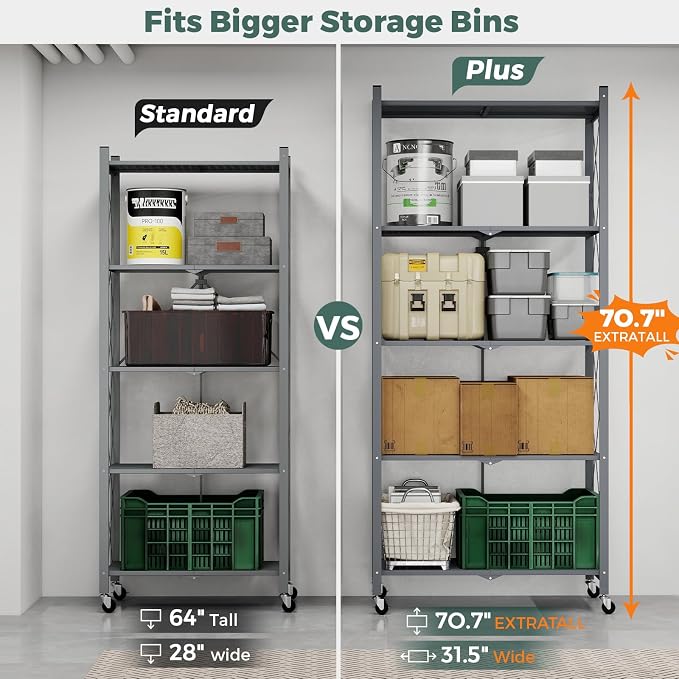 DEANIC 70.7" Tall Extra Large 5-Tier Folding Storage Shelf with Wheels, No Assembly Collapsible Metal Rack with Leveling Feet for Garage, Pantry, Basement, Vendor Display, Kitchen(Gray,2 Pack)