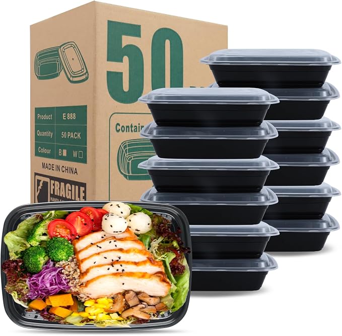 32oz Rectangle Meal Prep Containers with Lids, 50 Pack | BPA-Free Leakproof Plastic Food Storage & Take Out Boxes, Microwave, Dishwasher, Freezer Safe for Lunch