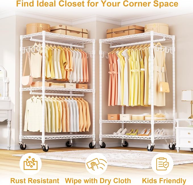ULIFHOME P1 Rolling Clothes Rack Heavy Duty, Metal Closet Clothing Rack with Lockable Wheels, Portable Wardrobe Closet for Hanging Clothes, 35.5" W x 15.7" D x 80.5" H, Hold 500lbs, White