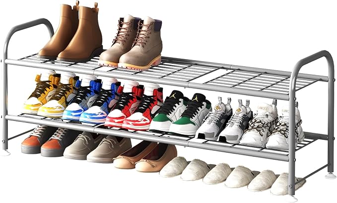 LINZINAR 2 Tier Long Shoe Rack for Closet Metal Shoe Organizer for Entryway | Spacious design stores 15+ pairs of shoes,durable metal frame,space-saving organizer for closet, hallway, and Entryway Grey