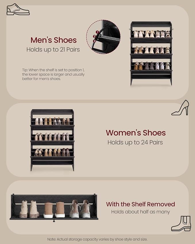VASAGLE Shoe Storage Cabinet Organizer with 3 Flip Drawers, Freestanding Narrow Shoe Rack Cabinet for Entryway, Farmhouse Style, Fits 14 to 16 Pairs, Smoky Black UHSC303BJ01