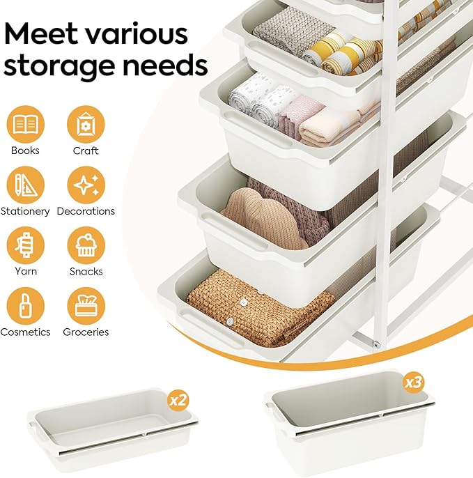 Slim Rolling Storage Cart with 5 Drawers, Craft Organizer, Wooden Tabletop Utility Cart for Bedroom, Children's Room and Office Organization, Table Side Trolley with Lockable Wheels, White