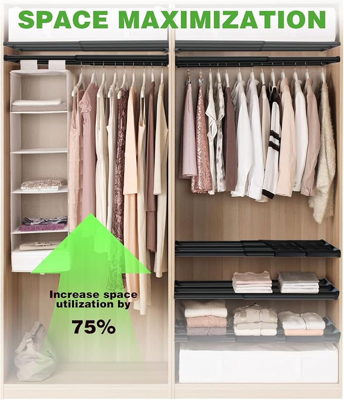 Expandable Closet Shelf, 16-53 Inches Metal Closet Rod Organizers and Storage Shelves Space Saving DIY Divider Separator for Cabinet Wardrobe