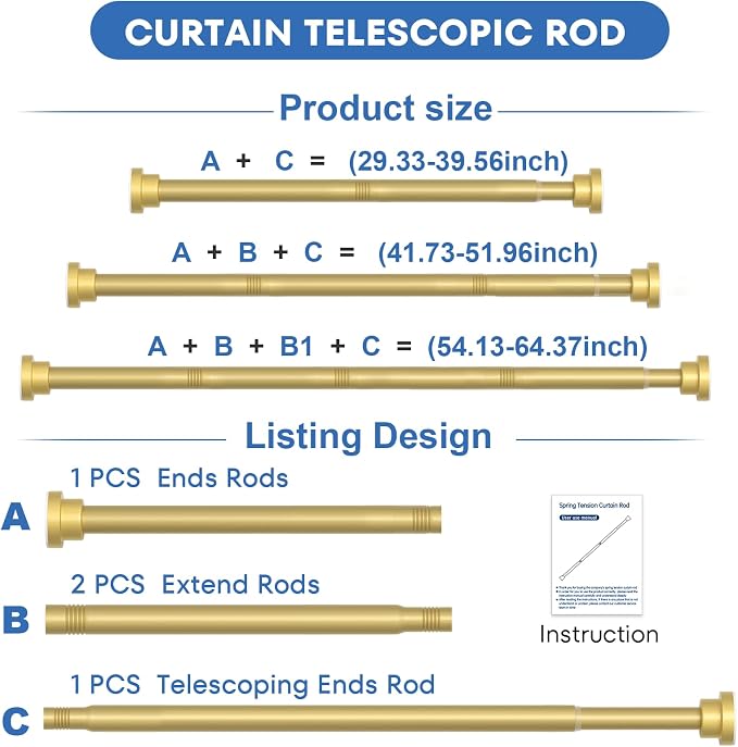 2Pack Tension Curtain Rod 30-64 Inch Gold Adjustable Curtain Rods No Drilling Expandable Pressure Spring Tension Curtain Rod 7/8" Spring Loaded Curtain Rods For Windows Bedroom Closet Doorway Door