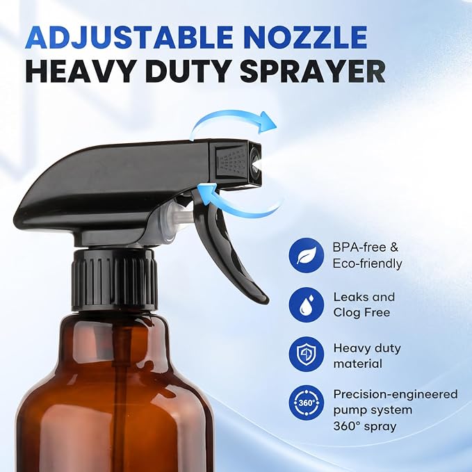 16.9oz Glass Spray Bottles 2 Pack, 360° Any-Angle Spraying | Refillable Leak-proof Bottles with Adjustable Nozzle; Ideal for Cleaning, Essential Oils, Plants & Hair Care
