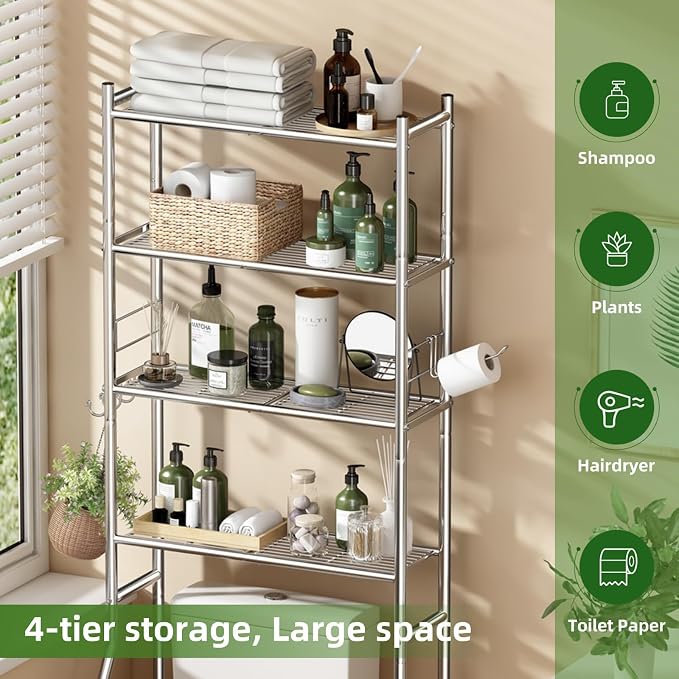 Ekisemio Over the Toilet Storage Cabinet, Metal 4 Tier Bathroom Shelves Over Toilet, Bathroom Oragnizer with 4 Hooks and Paper Holder, Chrome