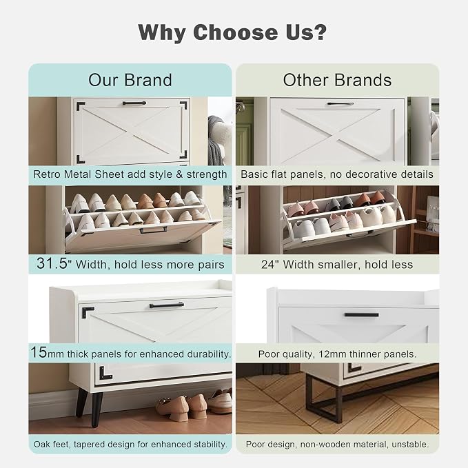Barnyatoh Shoe Storage Cabinet,Farmhouse Shoe Organizer with 2 Flip Drawers & Barn Door Design,Freestanding Hidden Slim Narrow Shoe Rack Cabinet for Entryway,Foyer,Hallway,Antique White