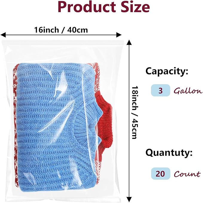 Large Plastic Bags With Zipper Top,3 Gallon,16" x 18",20 Pack,Extra Large Storage Packing for Clothes,Travel, Moving, Large Reusable bags,Heavy-Duty,BPA-Free, 2-mil Thick Clear Plastic
