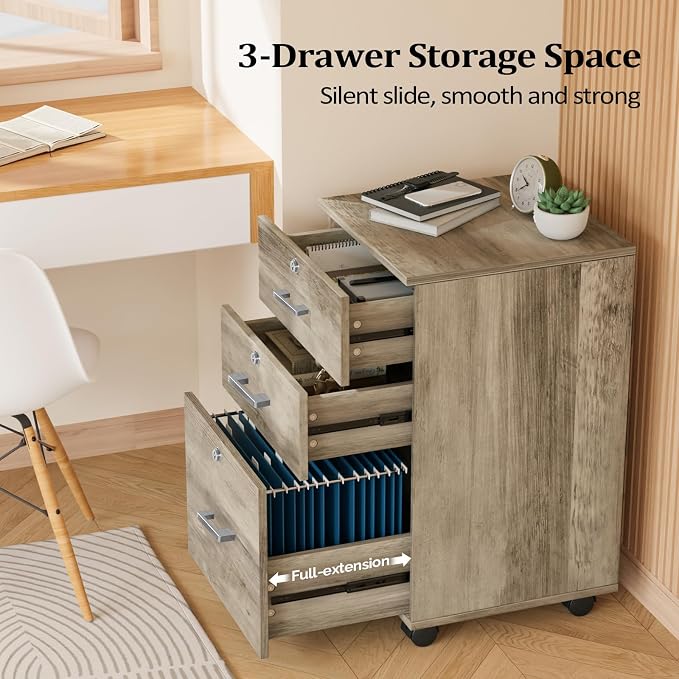 VINGLI 3-Drawer File Cabinet with Lock, Wood Rolling Under Desk File Cabinets for Home Office, Mobile Printer Stand & Filing Organizer for Letter Sized Files, 26" H(Caster Included), Rustic Gray
