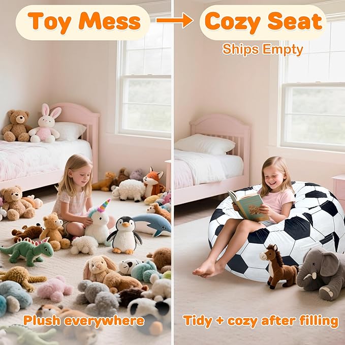 Lukeight Soccer Stuffed Animals Storage Bean Bag Chair Cover Only (Ships Empty, No Filling) - Velvet YKK Zipper Beanbag Cover for Big Kids Teens, Washable Plush Toy Organizer, XX-Large 36" D x 20" H