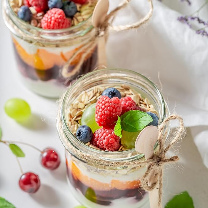 SHOWIN Overnight Oats Containers with Lids, 16oz Glass Jars with Lids 4 pcs, Candy, Wide Mouth Mason jars for Salad, Yogurt, Snacks, Meal Prep