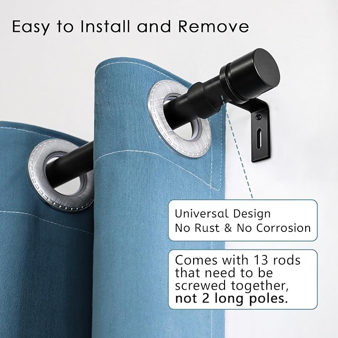 Byondeth Curtain Rods for Windows 16 to 200 Inches Adjustable Length 1 Inch Diameter Window Curtain Rod with Aluminium Finials, Black