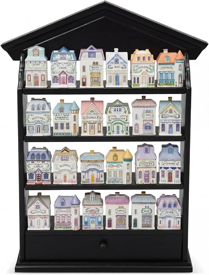 Chunful Vintage Spice Jar Wooden Rack with 4 Tier Hanging Spice Rack Wall Mounting Kitchen Storage Village Style Display Shelf for 24 Jar, Christmas Wedding Bridal Gift, Shelf Only(Classic Black)