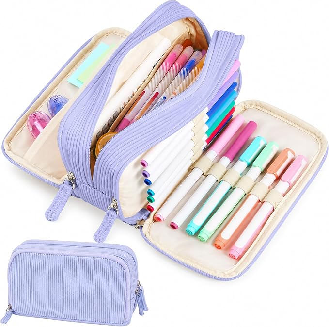 Sooez Big Capacity Pencil Case Pen Pouch, Soft Corduroy Pencil Bag with 3 Compartment, Multiple Pockets, Sturdy Zipper, Cute School Supplies Pen Bag Organizer For Teen Girls College, Blue